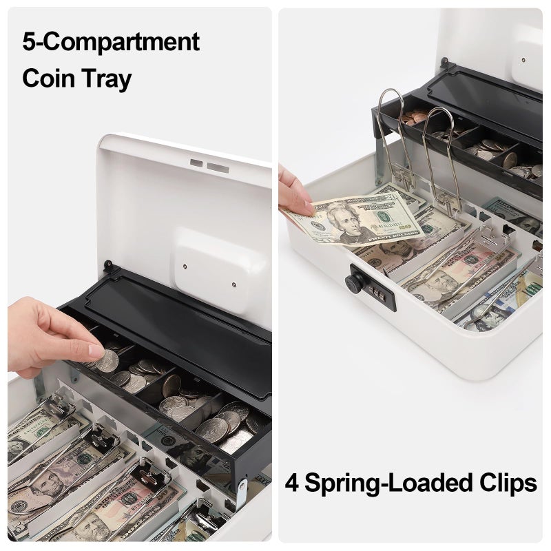 Jssmst Locking Large Metal Cash Box with Money Tray, Money Box with Combination Lock, White, SM-CB0511L - Image 4